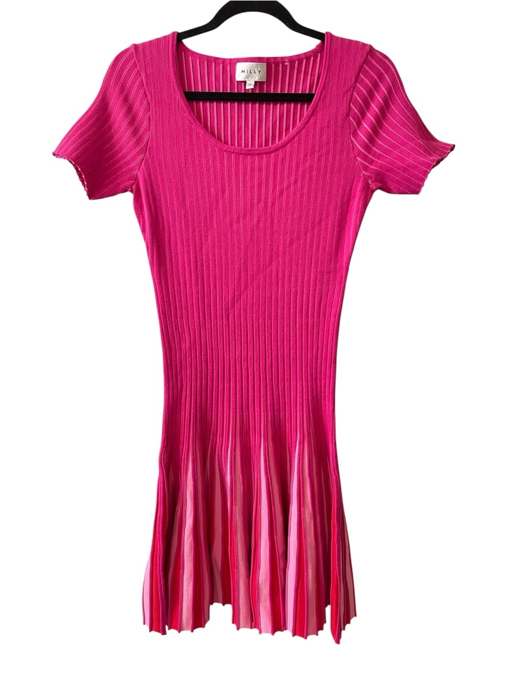 Milly Stripe Godet Dress Fit and Flare Pink Knit Short Sleeve Medium